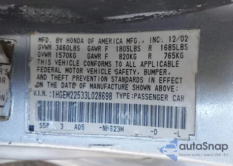 2003 Honda Civic Lx z USA, uszkodzony, nr VIN 1HGEM22533L028698